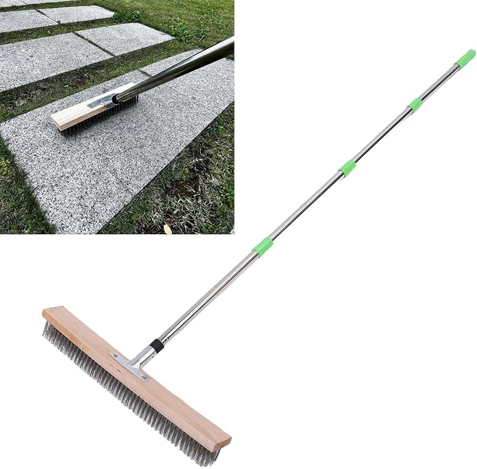 Heavy Duty Deck Scrub Brush with Long Handle, Stainless Steel Wire Stiff Outdoor Indoor Floor Brush for Powerful Cleaning, Concrete, Moss, Grout, Tile, Garage, Garden