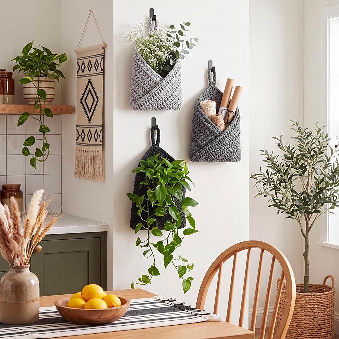 3 Hanging Baskets,Light Grey, White, Dark Grey,Triangle,Cotton Rope | Wicker Wall Baskets with Hooks for Fruit Vegetable Onion Storage, Teardrop Organizer for Kitchen, Boho Farmhouse Decor