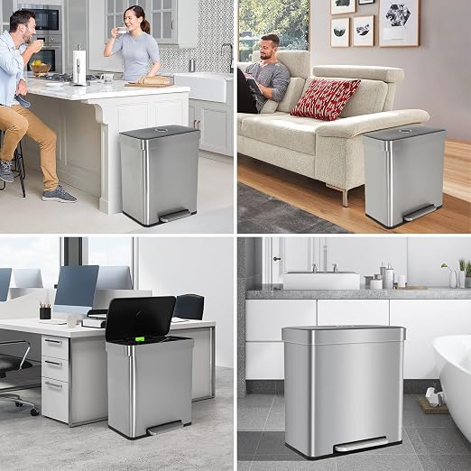 Kitchen Trash can Brushed Stainless Steel Dual Trash can 2 x 8 Gal Garbage Can Kitchen Step Trash Can with Soft-Close Lid Mute Designed Trash Bin for Office, Silver