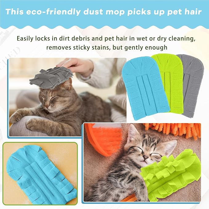 Zubebe 3 Pcs Reusable Duster Refills Fleece,Blue, Green, Gray | Soft Polyester Fiber Flat Duster Refill Multi Surface Washable Cleaning Pad Tools for Home, Blinds, Car, Pet, Furniture, Fans