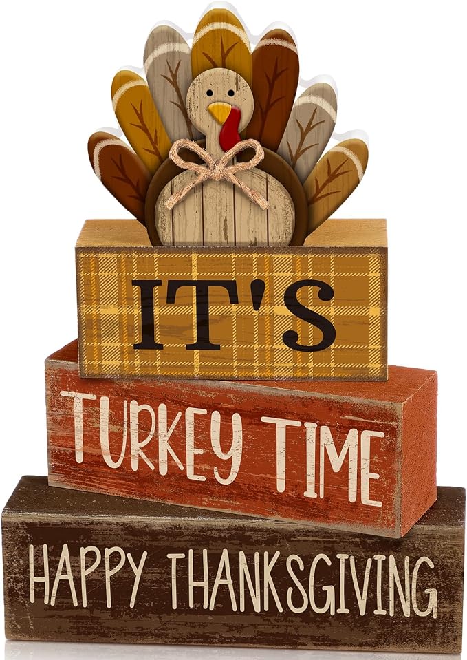 Moucuny 4 Pcs Thanksgiving Table Decorations Wooden Turkey Tiered Tray | Rustic Farmhouse Centerpiece with Turkey Time Signs, Kitchen or Dining Display, Stackable Blocks Gift for Fall Harvest