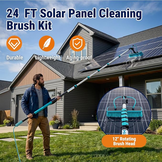 HoldwellS Solar Panel Cleaning Kit, 24FT Water Fed Pole with Extendable Handle, 180° Rotatable Brush Head & 65.6FT Hose, Household & Outdoor Window Cleaner Tool for Caravan Solar Panel Deck