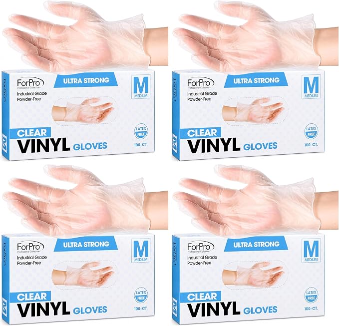 ForPro Disposable Vinyl Gloves, Industrial Grade, Powder & Latex Free, Non-Sterile, Food Safe, 2.75 Mil Palm, 3.9 Mil Fingers