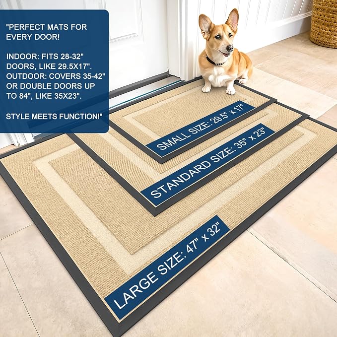 OLANLY Front Door Mat Outside 59x40, All-Season Heavy-Duty Rubber Doormat | Beige, Absorbent, Stain and Fade Resistant, Waterproof Non-Slip Backing, Low-Profile Indoor Outdoor Floor Mat for Entryway