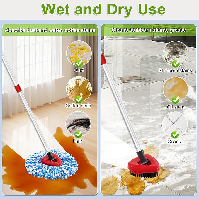 Spin Mop Handle, Mop Replacement Heads,Brush,Base Compatible with OCedar RinseClean 2 Tank,Inclued 2 Microfiber Mop Heads,1 Mop Base,2 Brush and 4-Section Mop Handle for Ocedar,Use for Floor Cleaning