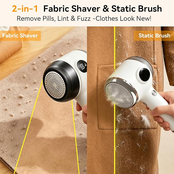 Cordless Rechargeable 2-in-1 Fabric Shaver & Lint Remover for Clothes, Electric Pill Remover with Static Brush for Sweater, Sofa, Blanket, Furniture,3-Speed, USB-C, 6-Blade