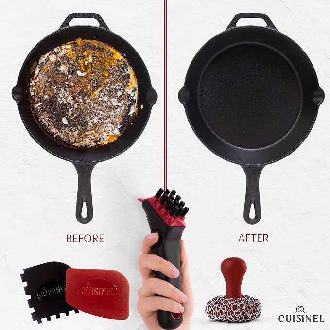 Cuisinel Cast Iron Chain Mail Scrubber + Cleaning Brush + Pan & Grill Scrapers - The Ultimate Skillet and Grill Cleaner Kit - Soft-Touch Confident-Grip Dish Scrub Tool - Silicone/Stainless Accessories