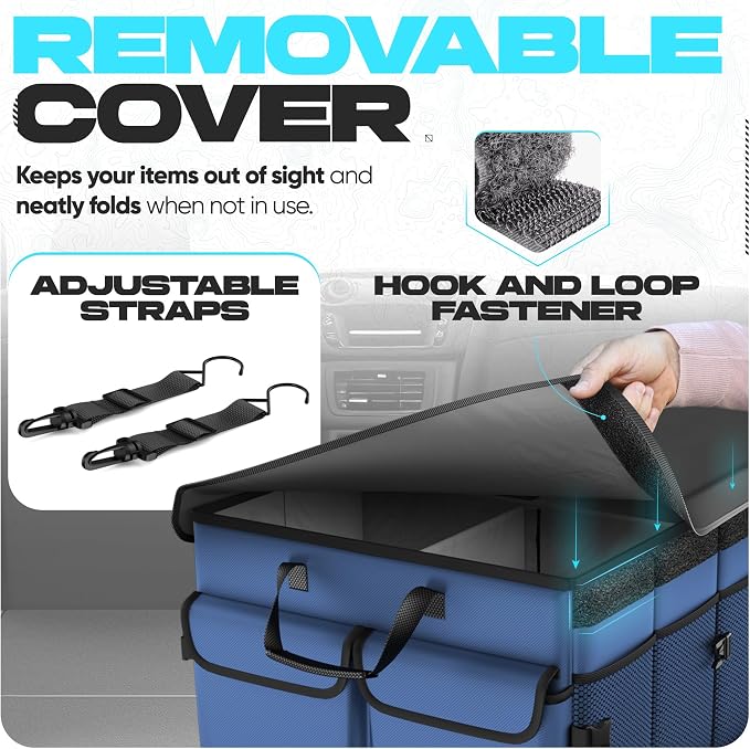 FORTEM Trunk Organizer - Foldable Car Organizer with Cooler for SUV, Trucks | Car Accessories for Men Women, Collapsible Bag, Non Slip Bottom, Straps, Soft Cover, 600D Oxford, Blue, 6 Compartments, 105L