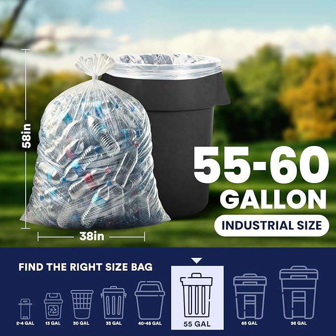 Plasticplace 55-60 gallon Trash Bags │ 1.5 Mil │ Clear Heavy Duty Garbage Can Liners │Rolls │ 38” x 58” (100Count)