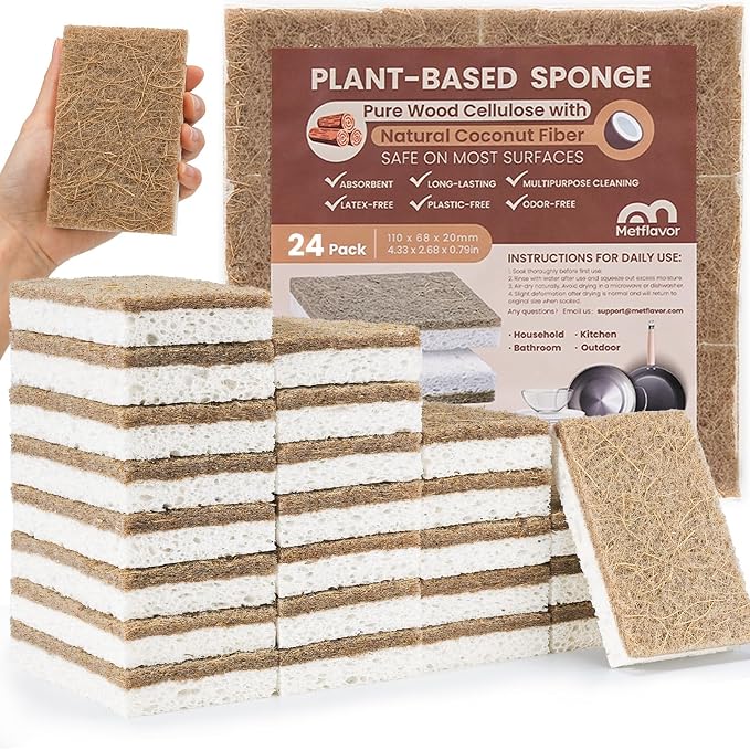 Metflavor Kitchen Sponges, 24 Count, Natural Sponge with Coconut Scrubber | Plant-Based, Non-Toxic, Biodegradable & Compostable, Non-Scratch, All-Purpose Cleaning