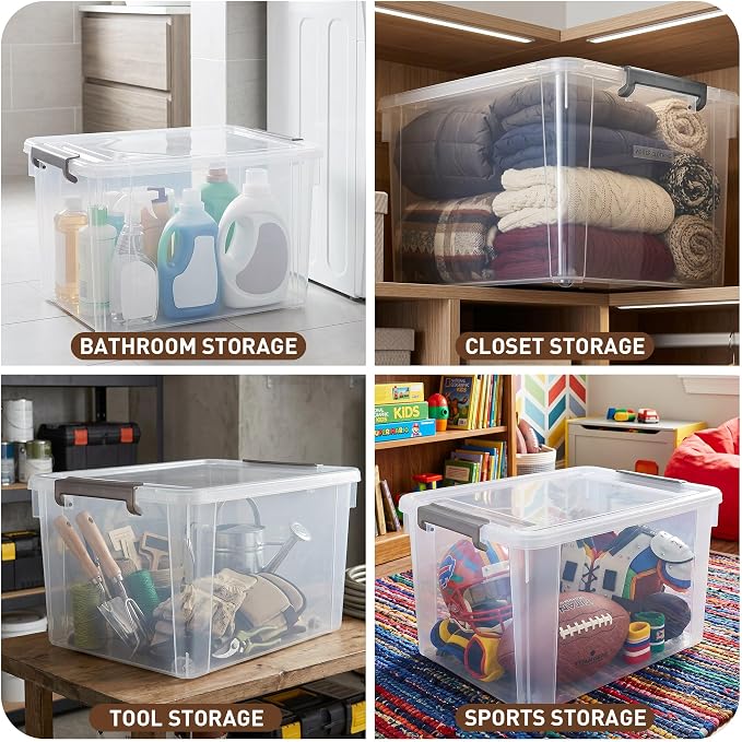 Citylife 58.1 QT Plastic Storage Bins with Latching Lids Stackable Storage Containers for Organizing Large Clear Storage Box for Garage, Closet, Kitchen, 4 Packs