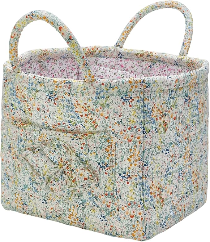 Quilted Fabric Storage Basket with Handles & Pocket, Foldable Laundry Hamper Boho Floral Print Organizer Bin for Home, Picnic, Office 12"x10"x10" (A-3)