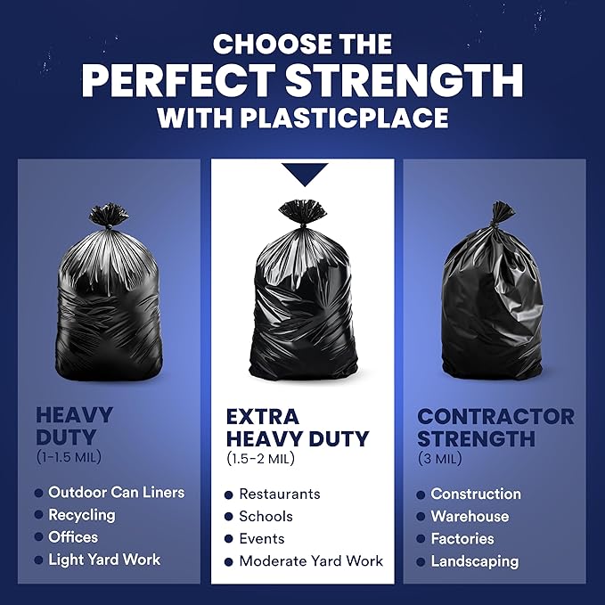 Plasticplace 55-60 Gallon Trash Bags, Heavy Duty, Black Garbage Can Liners, Puncture-Resistant Star Seal, 38" x 58", 100 Count for Warehouse, Kitchen, and Outdoor Use 1.5 Mil