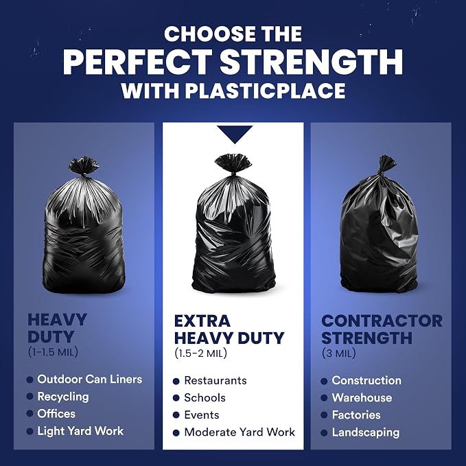 Plasticplace - T55151BK 55-60 gallon Trash Bags │ 1.5 Mil │ Black Heavy Duty Garbage Can Liners │Rolls │ 38” x 58” (50 Count) Black