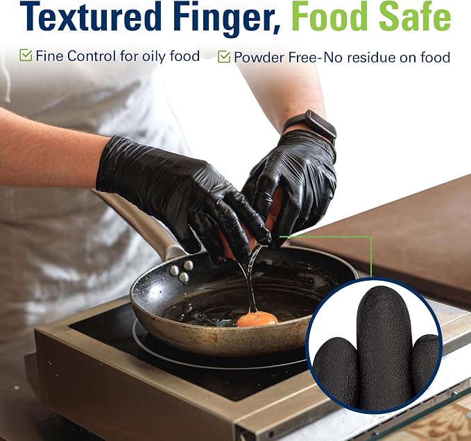 Black Nitrile Gloves Disposable Latex Free, Food Safe | Rubber Gloves Powder Free for Cooking, Food Prep, Kitchen Cleaning