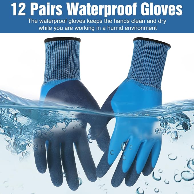 12 Pairs Waterproof Work Gloves Bulk, Safety Work Gloves for Men and Women, Double Coated Latex Non-Slip Grip, Durable for Gardening, Construction, Car Cleaning and Outdoor Activities (Blue)