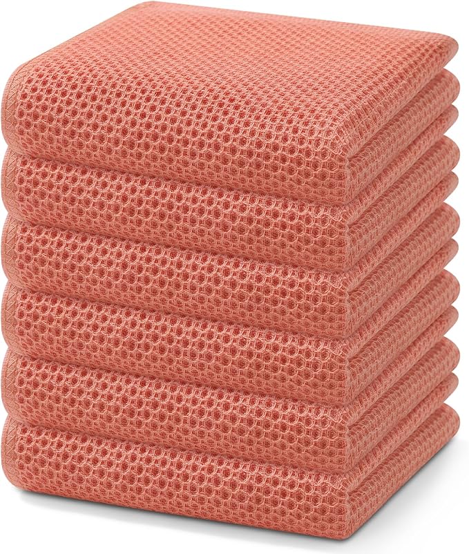 Homaxy 100% Cotton Waffle Weave Kitchen Dish Towels 6-Pack, Coral | 13 x 28 Inches, Ultra Soft Absorbent Dish Towels, Quick Drying Cleaning Towels