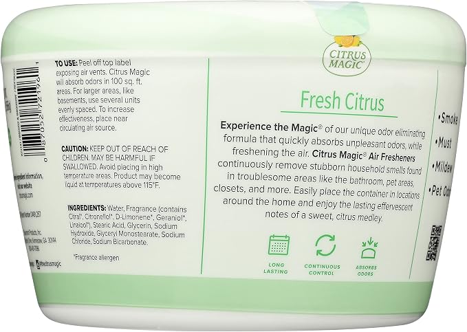 Citrus Magic Solid Air Fresheners, Fresh Citrus, 20 Ounce, Pack of 2 | Odor Absorbing, Passive Diffusion, Odor Elimination Up to 12 Weeks Each, Ideal for Home