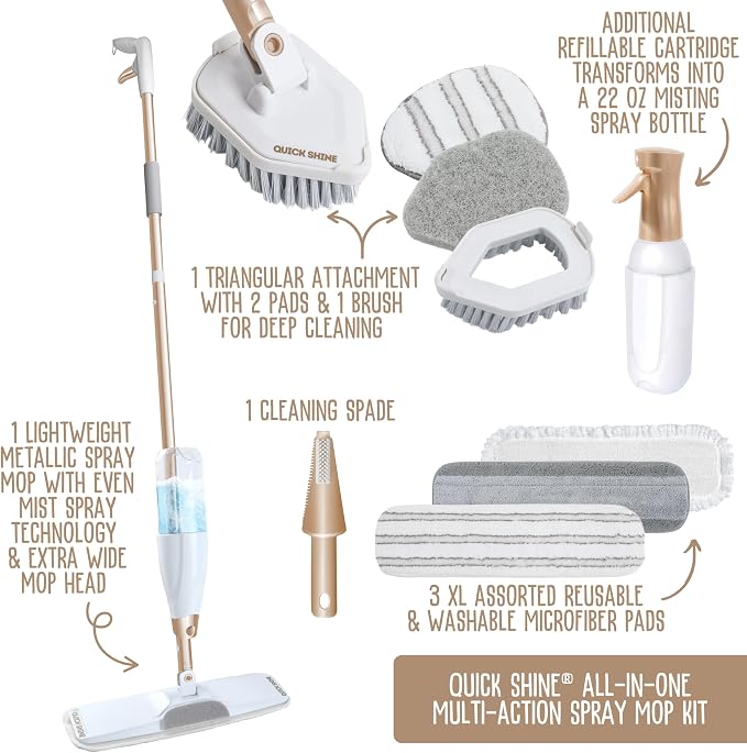 Quick Shine Multi-Action 10 Piece Interchangeable Spray Mop Kit | Ultimate Gold All-In-One Pro Cleaning System, Lightweight Mop w/ Assorted Microfiber Pads & Triangular Attachmets