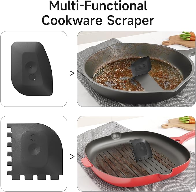 SUBEKYU Cast Iron Scrubber with Silicone Handle, Stainless Steel Skillet Cleaner for Cast Iron Pans (Pink Scrubber + Scraper)