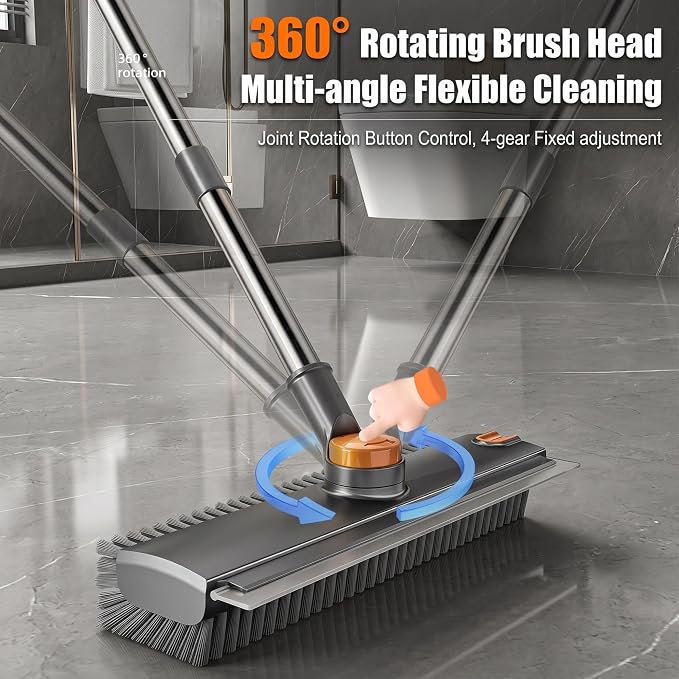 3-in-1 Floor Scrub Brush with Long Handle, Floor Scrubber with Squeegee Tweezers, Adjustable Heavy-Duty Stiff Bristle Cleaning Brush for Tile, Bathroom, Shower, Garage, Patio, Deck(White Grey)