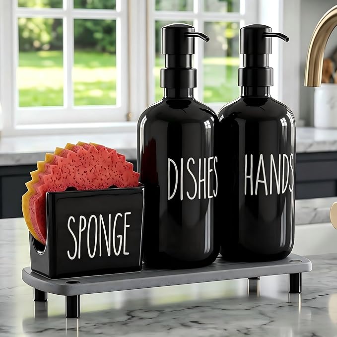 Cisily Black Soap Dispenser Set with Ceramics Sponge Holder, Kitchen Decor | Black Stainless Steel Pumps, Instant Dry Tray