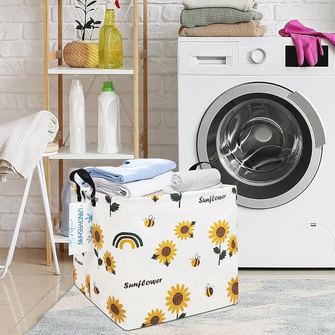 Square Storage Baskets Children Shelves Gift Toy Organizer Room Sunflower | Laundry Hamper Collapse Canvas with Handles for Organizing Home Kitchen Children Toys Office Closet Shelf
