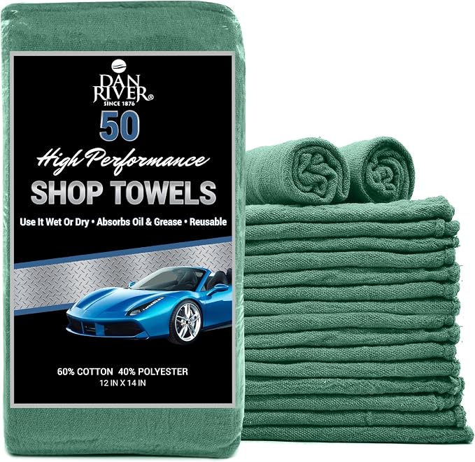 DAN RIVER Shop Towels 12x14 inc 50 Pack Green Terry Cloth Rags | Washcloths for Cleaning Cars & Household Surfaces Well Absorbent, Reusable Cleaning Rags Washable 60% Cotton 40% Polyester
