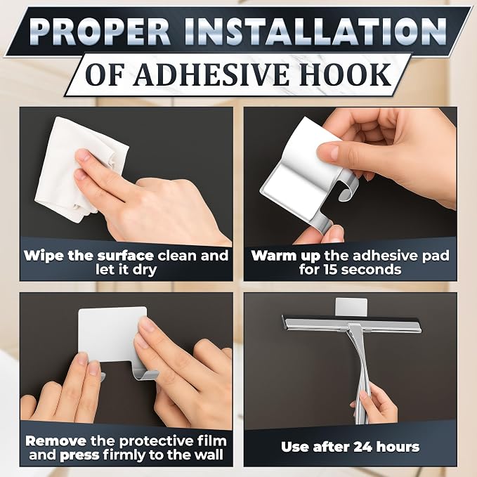 Stainless Steel Shower Squeegee, Glass, Silicone, 10 Inch (Silver) | Shower Door Squeegee with Silicone Blade, Adhesive & Hanging Hooks for Mirror, Tile, Window, Car, Multi-Surface Everyday Use