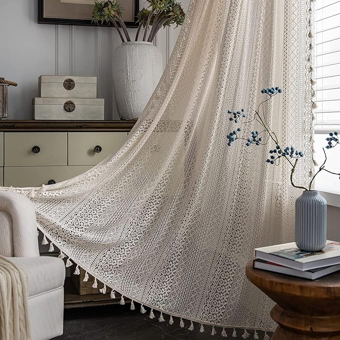 Sutuo Home Boho Sheer Curtain 108 Inches Long, Crochet Lace with Bohemian Hollow Knitted Handmade Tassels,Vintage Farmhouse Window Treatment for Bedroom, Rod Pocket, 1 Panel 59" W x 108" L, Beige