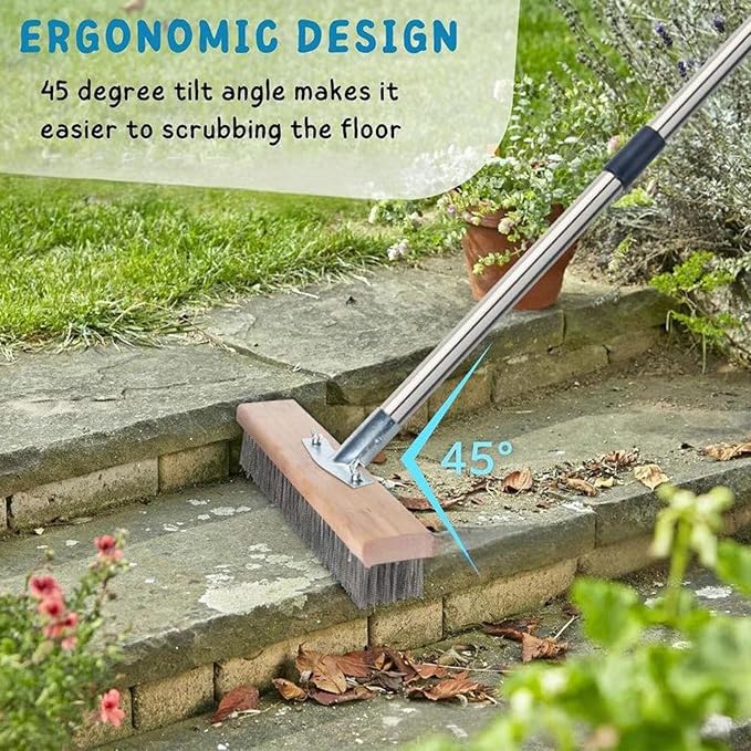 Heavy Duty Stainless Steel Deck Brush with Long Handle, Concrete Floor Scrubber Moss Remover Wire Broom for Patio, Deck, Garage, Outdoor Cleaning (20cm / 7.9in)