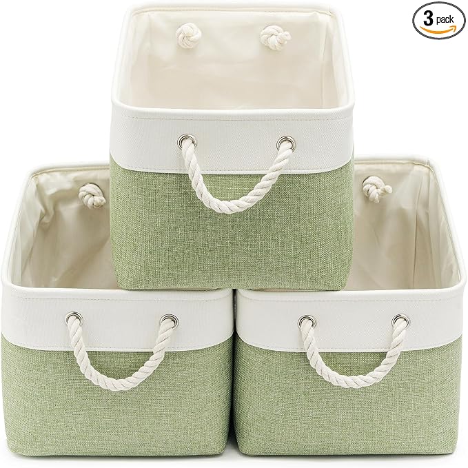 15x11x10 In Foldable Fabric Large Storage Bins with Handle 3 Pack | Organizer Baskets, Sturdy Metal Strand, Cardboard Support Molding, Storage Baskets for Shelves, Closet, Bedroom, White/Green