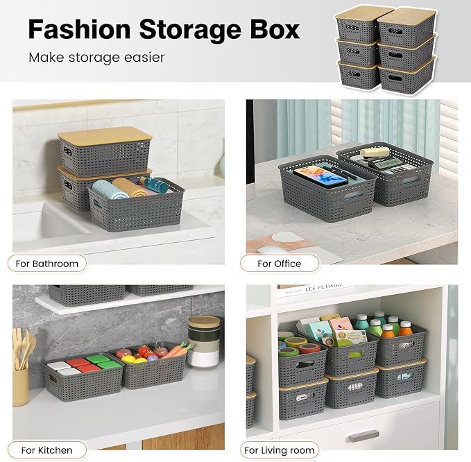 Ohmlove 6 Pack Plastic Storage Baskets with Bamboo Lids for Organization | Stackable Storage bins, Storages Baskets for Organizing Shelves Drawers Desktop Closet Playroom Classroom Office,Gray