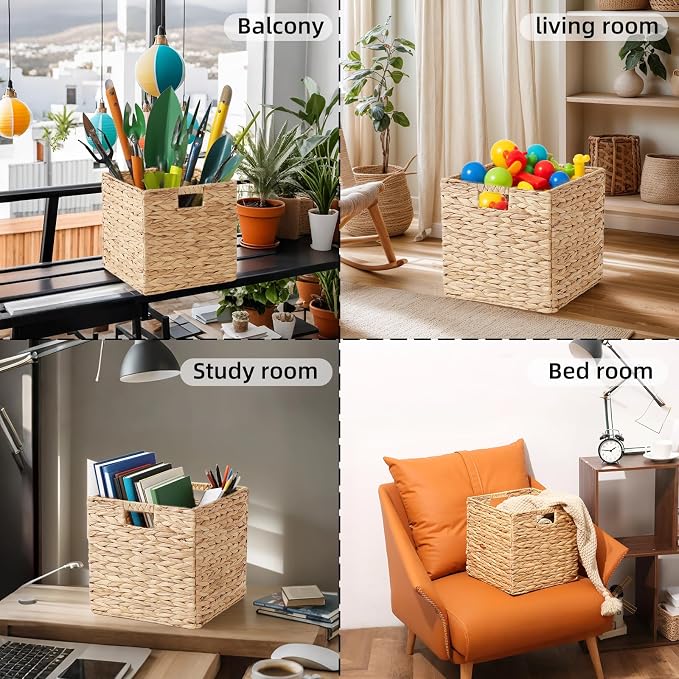 Water Hyacinth Storage Basket, Set of 2 Hand-Woven Wicker Baskets, Foldable Cube Storage Bins, Wicker Cube Laundry Organizer, Square Baskets for Organizing Shelves Decor, 12x12x12in