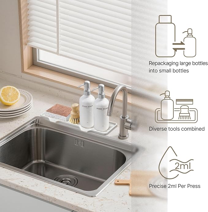 Kitchen Soap Dispenser Set with Self Draining Silicone Tray, Silver | Kitchen Sink Organizer for Sink, 2 x 17oz Glass Soap Dispensers with Stainless Steel Pumps, Bamboo Brush & Sisal Sponge