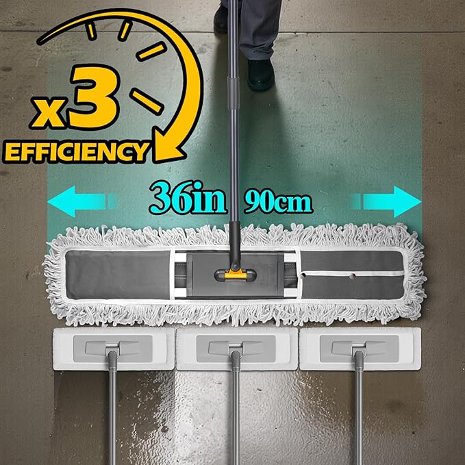 36” Commercial Dust Mop with 62” Adjustable Handle & 3 Reusable Pads | Large Heavy Duty Industrial Push Mops for Home,Hotel,Mall,Warehouse