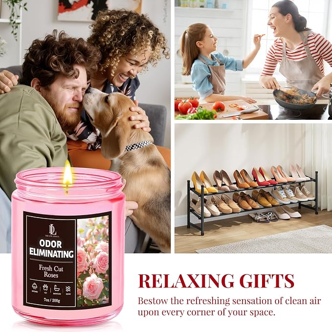 Fresh Cut Roses Odor Eliminating Candle, Romantic Floral Scent for Bedroom & Bathroom, Gently Covers Everyday Odors, Air Freshing Scented Candles, Soy Candle Gifts for Women Men, 7oz