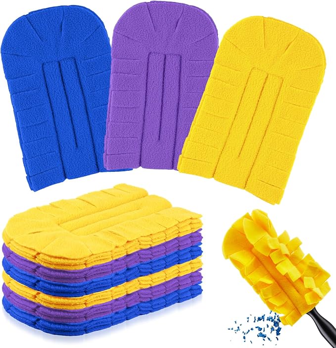 Zubebe 6 Pcs Reusable Duster Refills Fleece,Blue, Yellow, Purple | Soft Polyester Fiber Flat Duster Refill Multi Surface Washable Cleaning Pad Tools for Home, Blinds, Car, Pet, Furniture, Fans