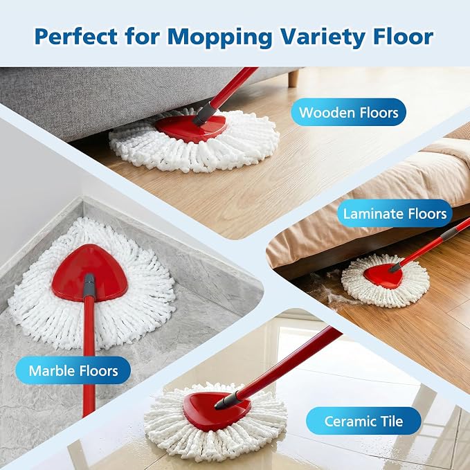 Spin Mop Replacement Head Compatible with O Ceda EasyWring 1-Tank System | 2 Microfiber Spin Mop Refills, 1 Triangle Mop Base Head and 4-Section Iron Mop Handle 30-58in for 1 Tank System (2+1+1)