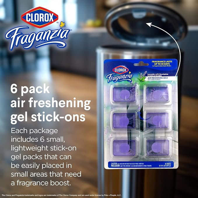 Clorox Fraganzia Stick-On Gel Fresheners, Lavender Eucalyptus, 6 Count | No-plug, battery-free odor absorber lasts up to 30 days; for trash cans, kitchens, and closets