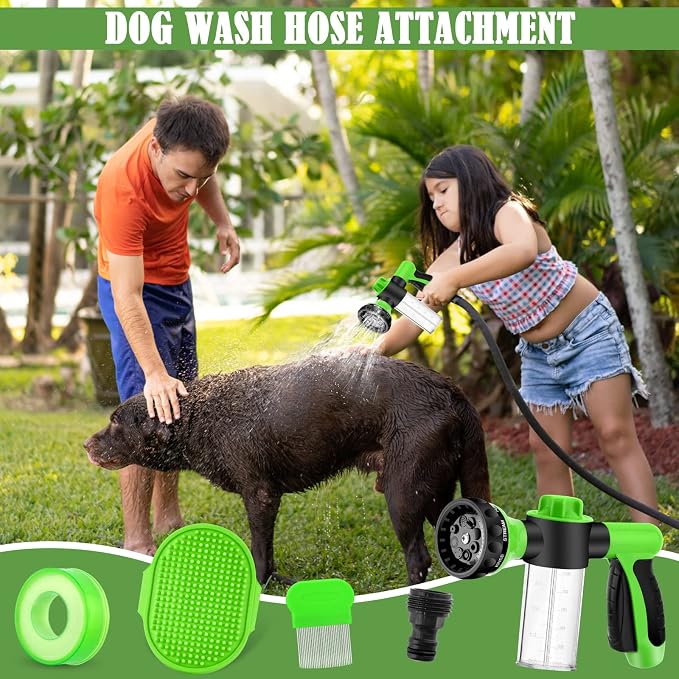 Dog Wash Sprayer Outdoor, 8-in-1 Dog Sprayer Hose Attachment | with Massage Brush and Pet Grooming Comb, Garden Hose Nozzle for Watering Flowers, Car Washing, Pet Bathing