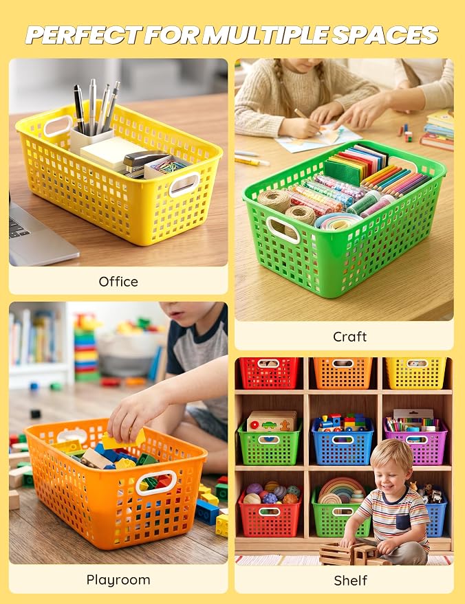 6 Pack Plastic Classroom Storage Baskets, Organizer Bins with Handle | Rainbow Color 11" × 7.1" × 4.6" Medium Papers Book Storage Organizer for School Classroom Library Office Home Desktop Closets