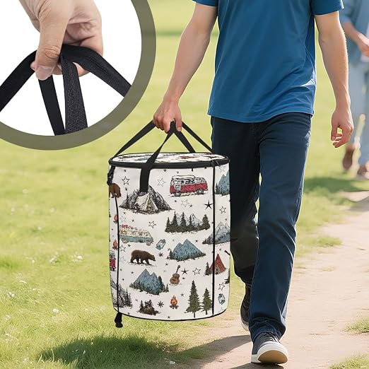 Mountain and Bus Print Camping Trash Can Collapsable 20 Gallon Large Outdoor Trash Can with Lid Waterproof Design Garbage Cans for Car Easy to Use and Clean