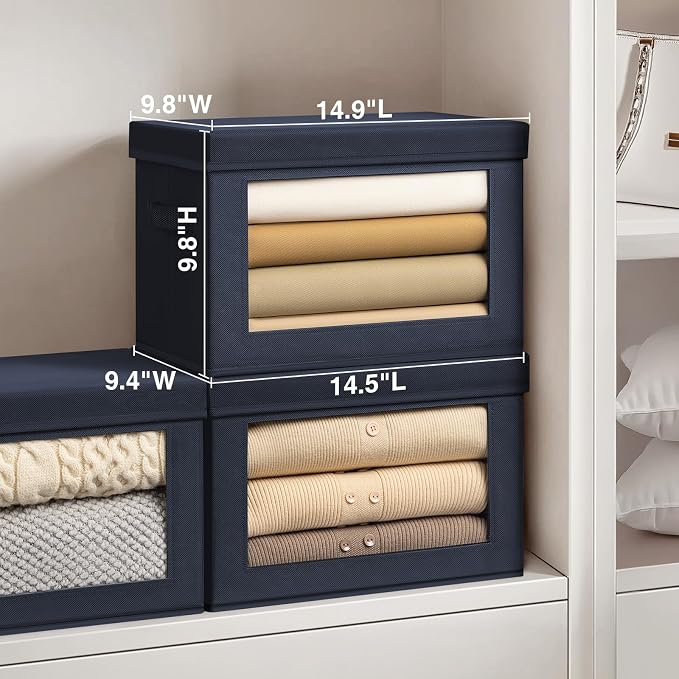 Homsorout Stackable Storage Bins with Lids - Medium Storage Box with Lids, Foldable Closet Boxes for Organizing, Wardrobe Clothes Organizer with Window, Cubes Bins for Living Room, 5 Pack, Navy Blue