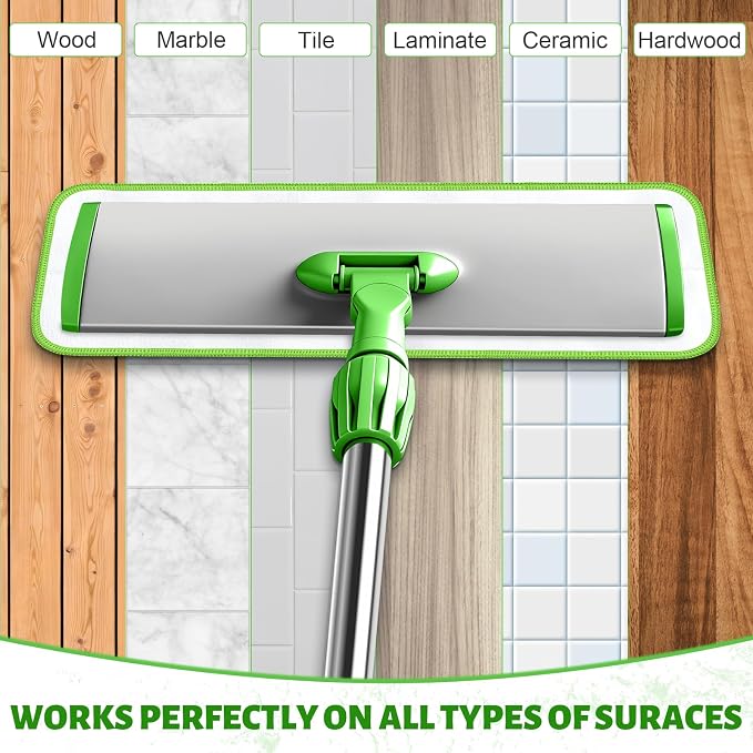 17.7" Microfiber Mop for Floor Cleaning, 360° Rotating Flat Mop with 4 Pads | ,59in Long Adjustable Stainless Steel Handle, 4 Washable Pads for Dry & Wet Cleaning for Hardwood, Vinyl, Laminate, Green
