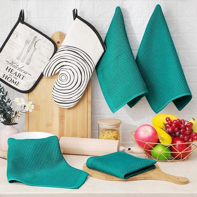 Homaxy 100% Cotton Waffle Weave Kitchen Dish Cloths 12-Pack, Teal | 12 x 12 Inches, Ultra Soft Absorbent Dish Towels, Quick Drying Dish Rags with Hanging Loop