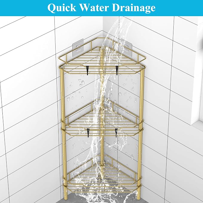 HuggieGems Metal Floor Standing Corner Shower Caddy, Gold, 3 Tier | Adhesive Bathroom Organizer Shelves, Free Standing Shower Rack with Hooks, Hold Large Shampoo Bottles