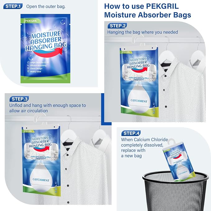 Moisture Absorber Packets 10 Pack, 15 oz Hanging Dehumidifier Bags | Strong Absorption, Fragrance Free, Closet, Enclosed Spaces, Bathroom, 420g/Pack