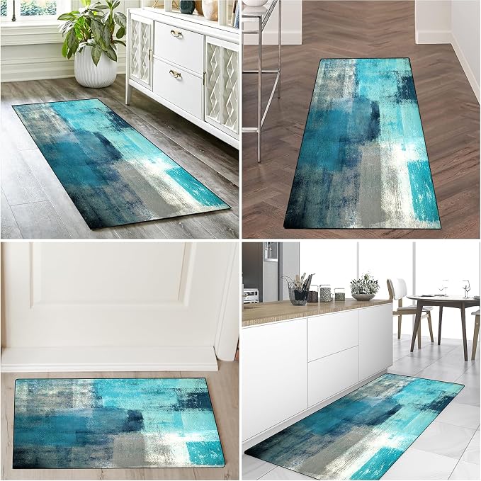 TOMWISH Teal Grey Abstract Art Kitchen Mat Turquoise Kitchen Rugs Sets 3PCS | 20"X32"+20"X48"+20"X59"Kitchen Mats for Floor Washable Non-Slip Kitchen Floor Mats Decor Dining Room Office