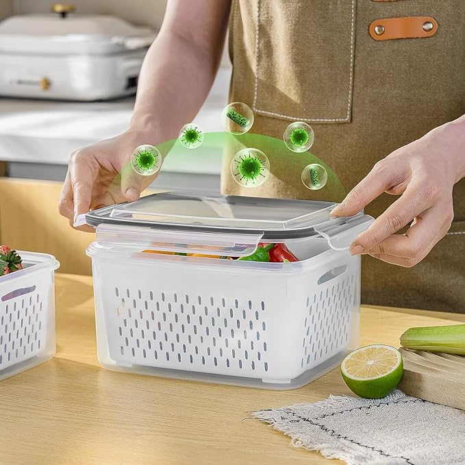 Fruit Storage Containers for Fridge with Removable Colander 8 pcs | Airtight Food Storage Container Dishwasher Safe Produce Saver for Refrigerator Keep Berry Fruit Fresh Longer Small Clear